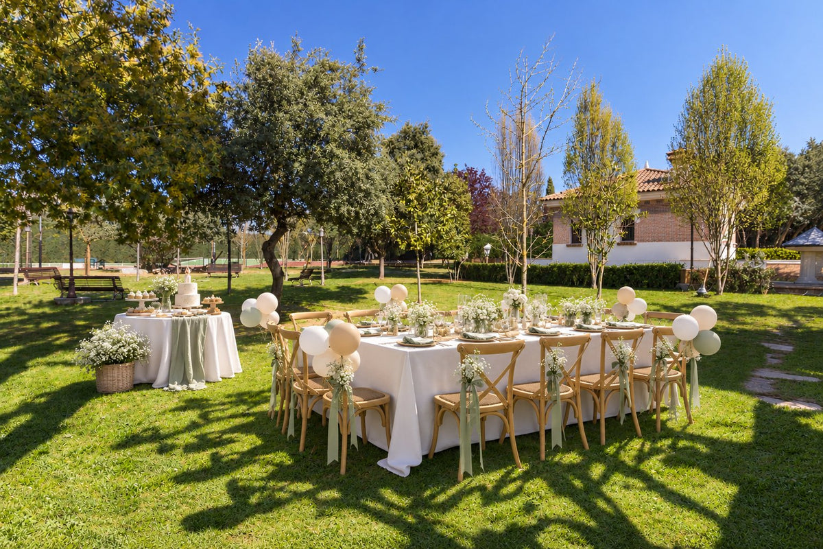 Mesa familiar para celebrar un bautizo en el jardín de Quinta de Serena, Madrid