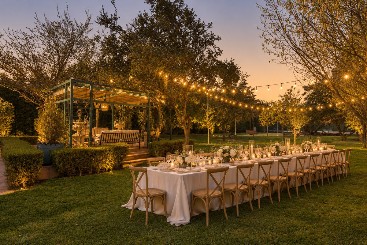 Banquete de boda civil al atardecer en los jardines de Quinta de Serena, finca en Madrid