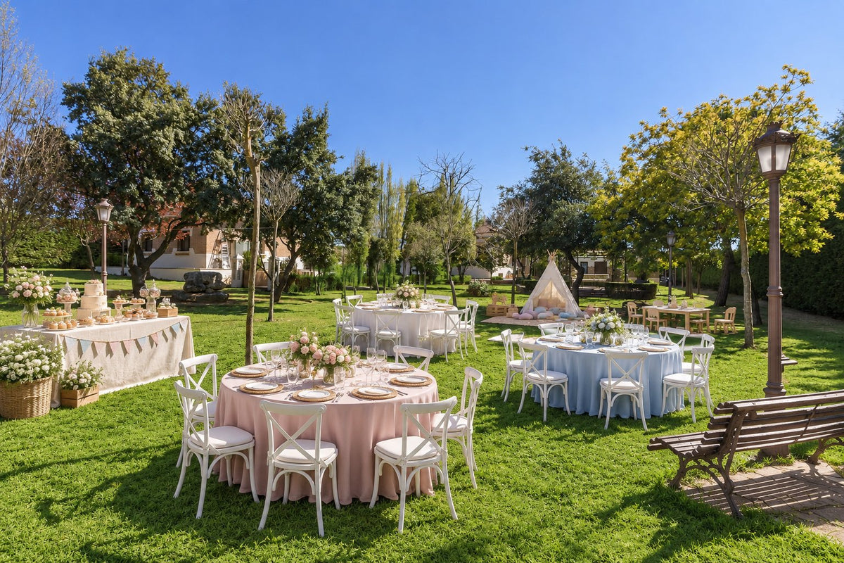 Mesas de comunión con mesa dulce y zona infantil en el jardín de Quinta de Serena, Madrid